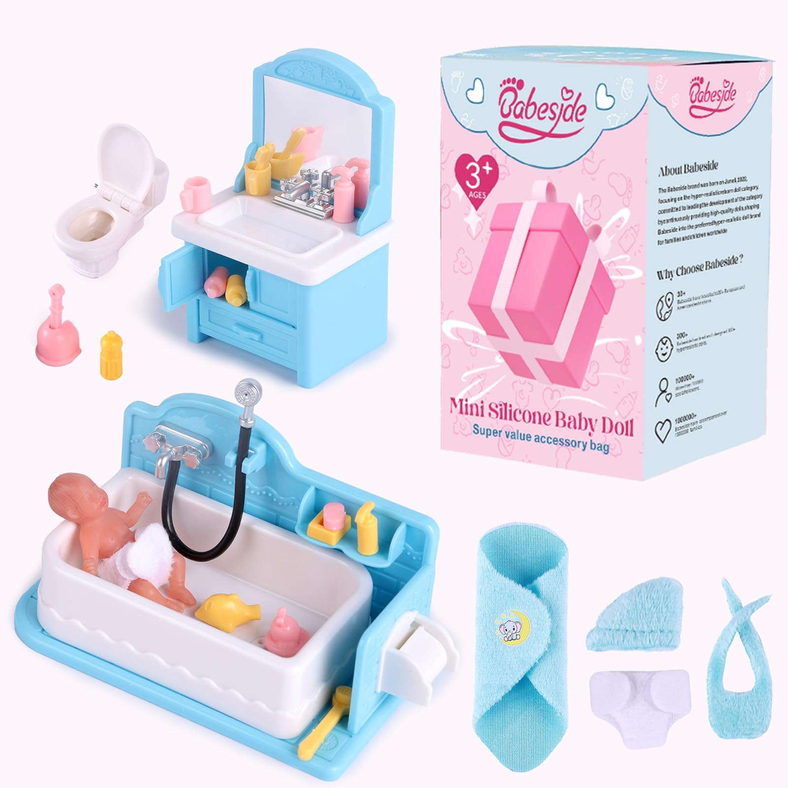 Mini Silicone Baby Dolls, 3 Inch Realistic Newborn Baby Doll Full Silicone Sleeping Little Baby Dolls Mini Real Life Baby Girl Miniature Baby with Bathroom Toy Set Accessories(Blue)