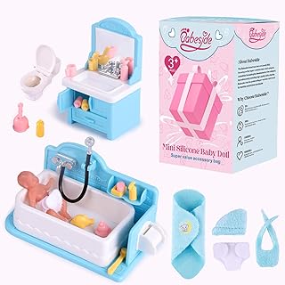 BABESIDE Mini Silicone Baby Doll 3 Inch Realistic Newborn Doll Full Silicone Sleeping Little Babydoll Mini Real Life Baby Girl Miniature Baby Bathroom Toy Set Accessories (Blue)