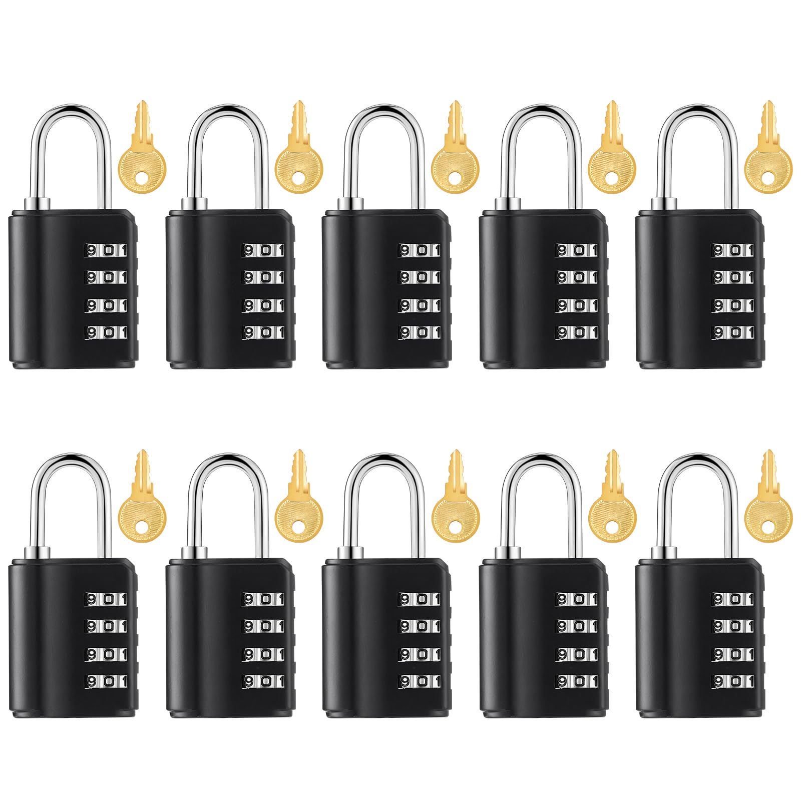 Kenning 10 candados de combinación de 4 dígitos con llaves, casillero de seguridad reajustable al aire libre, impermeable, para escuela, deportes, gimnasio, casillero, caja de herramientas (negro)