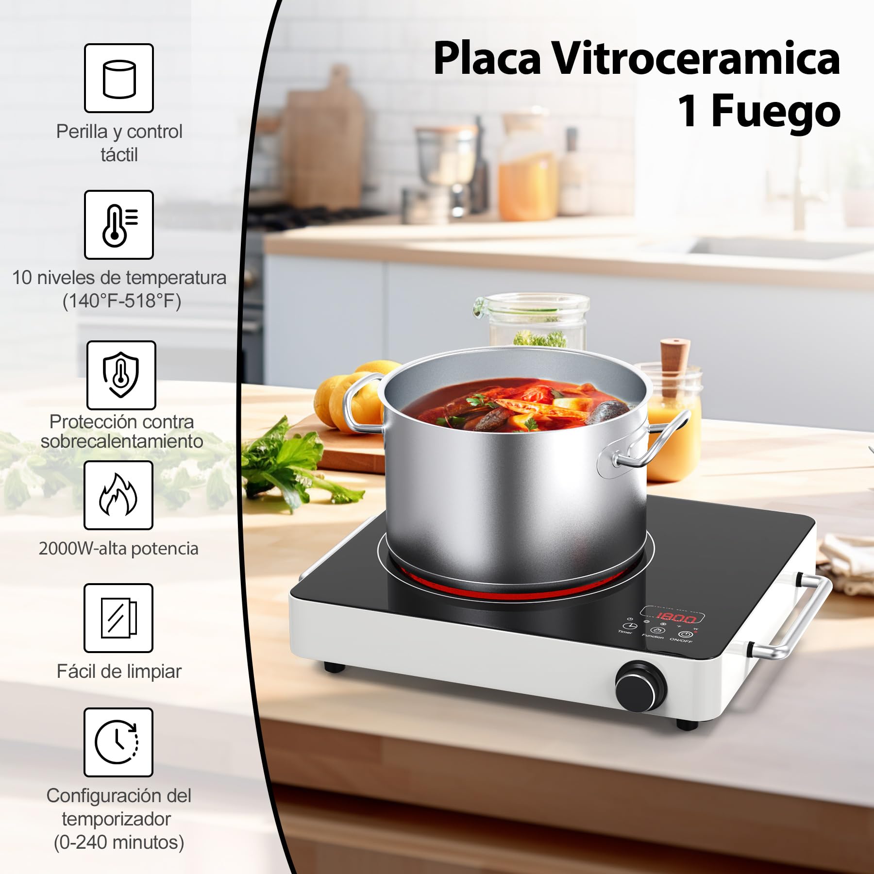 VBGK vitro portatil 1 fuego,220V Toque y perilla placa vitroceramica portatil,2000W vitroceramica portatil,10 niveles de potencia, bloqueo de seguridad para niños y temporizador 4H,