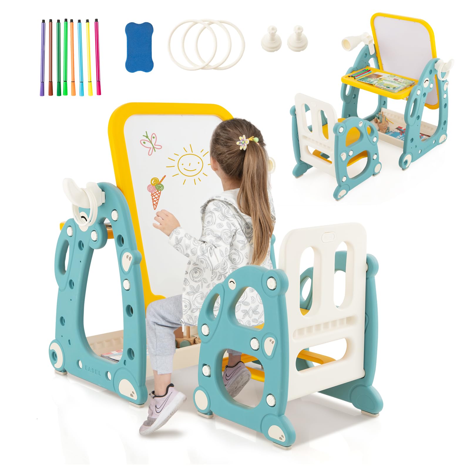 LIFEZEAL Tavolino Bambini, in Legno, con Sedia, Lavagna, Cavalletto, Scaffale per Giocattoli, Libreria, Porta Rotolo di Carta, Tavolo Bambini da Cameretta, Set per Bimbi 3+Anni, grigio
