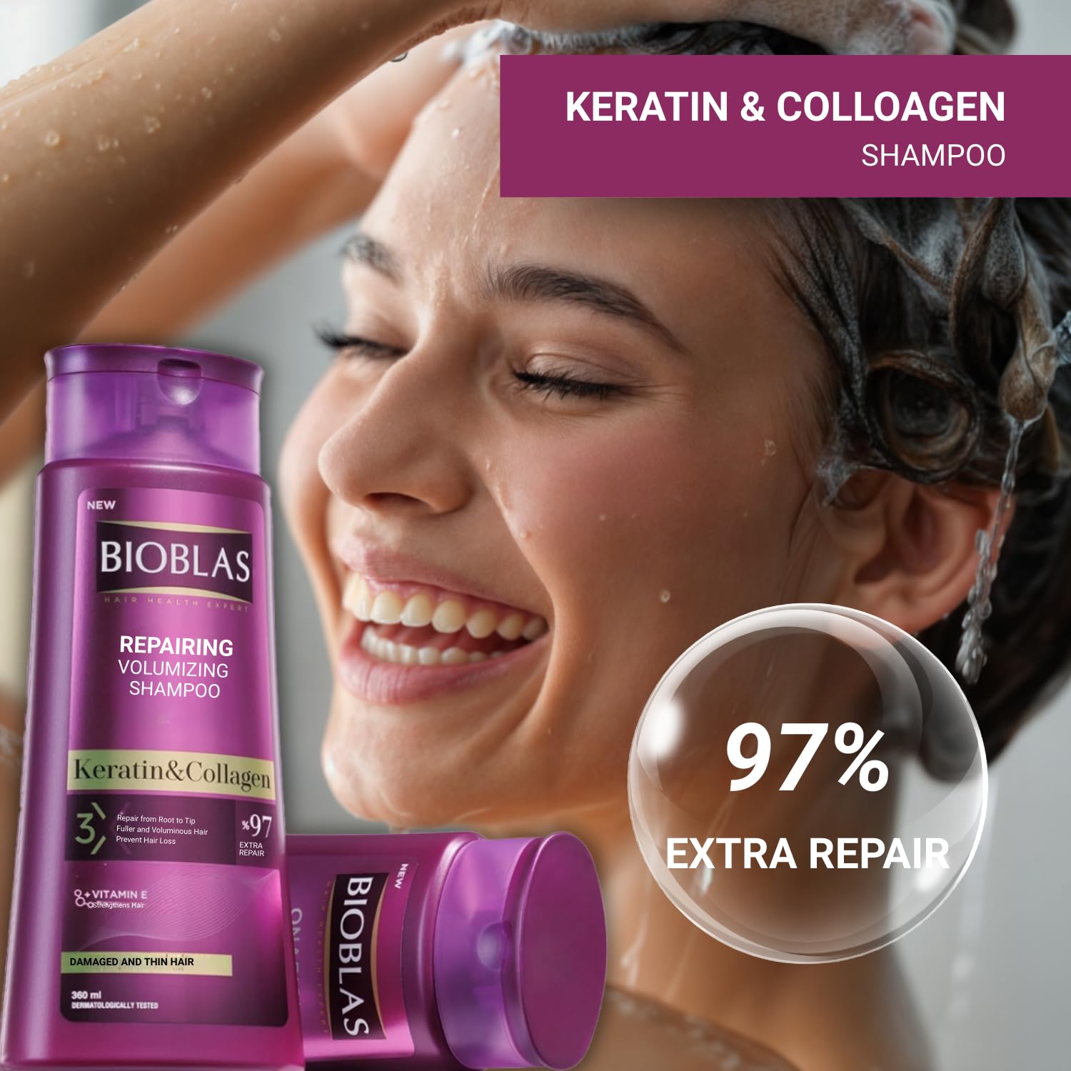 Bioblas Repairing Plumping Anti-Hair Loss Shampoo Keratin Collagen 360 ML - Image 2