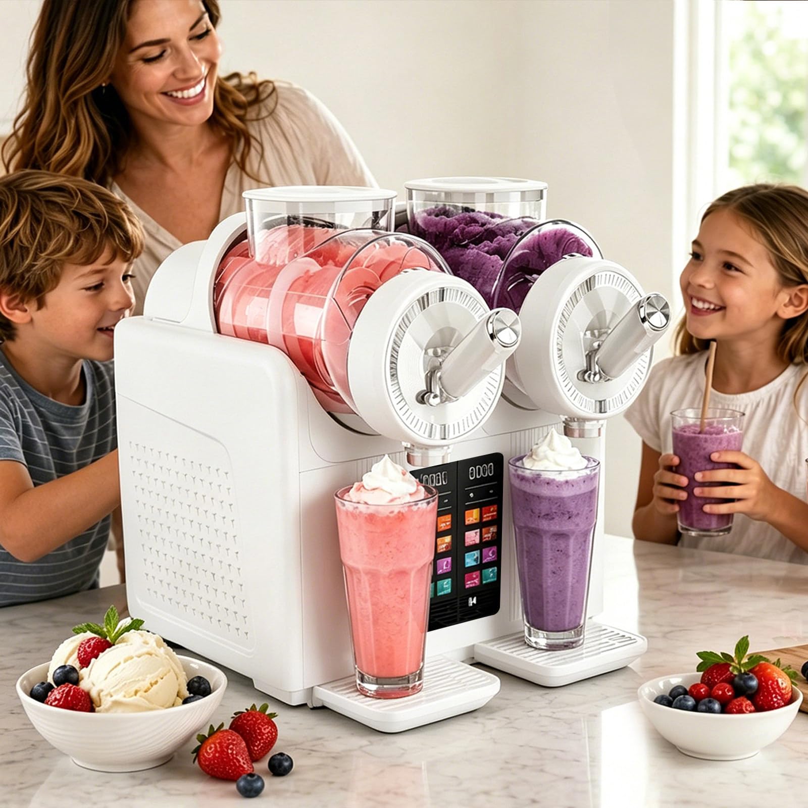 2-in- Slushie Machine and Soft Serve Ice Cream Maker, 2×2L Tank Slushy Machine, 6 Preset, Adjustable Temp, For Slushies, Milkshakes, Granitas, Soft Serve, Home Parties and Small Cafes White
