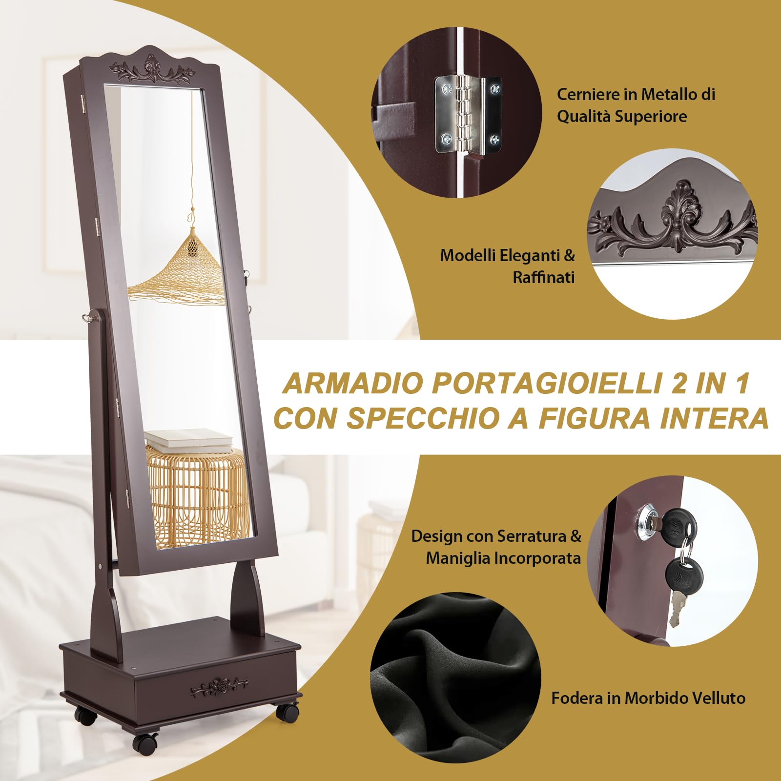 Armadietto Portagioie Girevole A 360°, Specchio Portagioie Con Serratu Supporto Per Asciugacapelli Ripiani Luci Led E Cassetto Industriale 56 X 56 X 164 Cm - 3