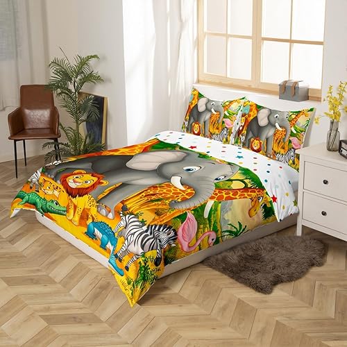 Miniatura 3 de Funda de edredón de animales de safari, tamaño Queen, funda de edredón de jirafa, lémur, rinoceronte, león, juego de ropa de cama para niños y