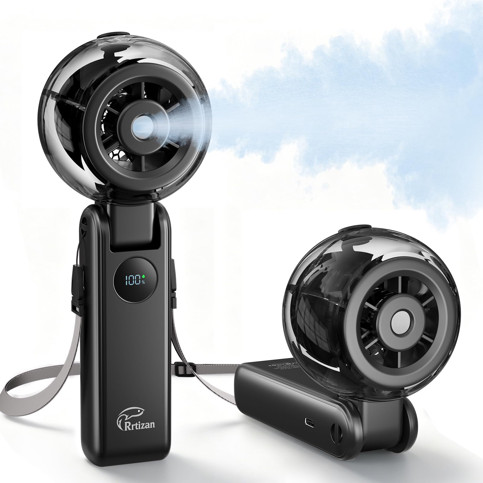 Rrtizan Handheld Misting Fan Portable - Personal Mister Fan Blow Cold Air,5000mAh Rechargeable Battery,100 High Speed,Water Spray Cooling for Summer Outdoor Travel Beach Lash Makeup,Cruise (Black)