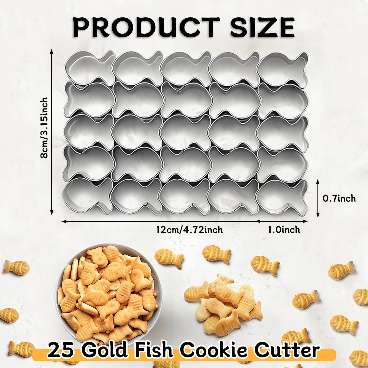 GoldFish Cracker Cutter, 25 Cavity Mini Cookie Cutters with Cleaning Brush, Goldfish Mold Stainless Steel Fish Shaped for Non-Stick Dough DIY Cookie Mold