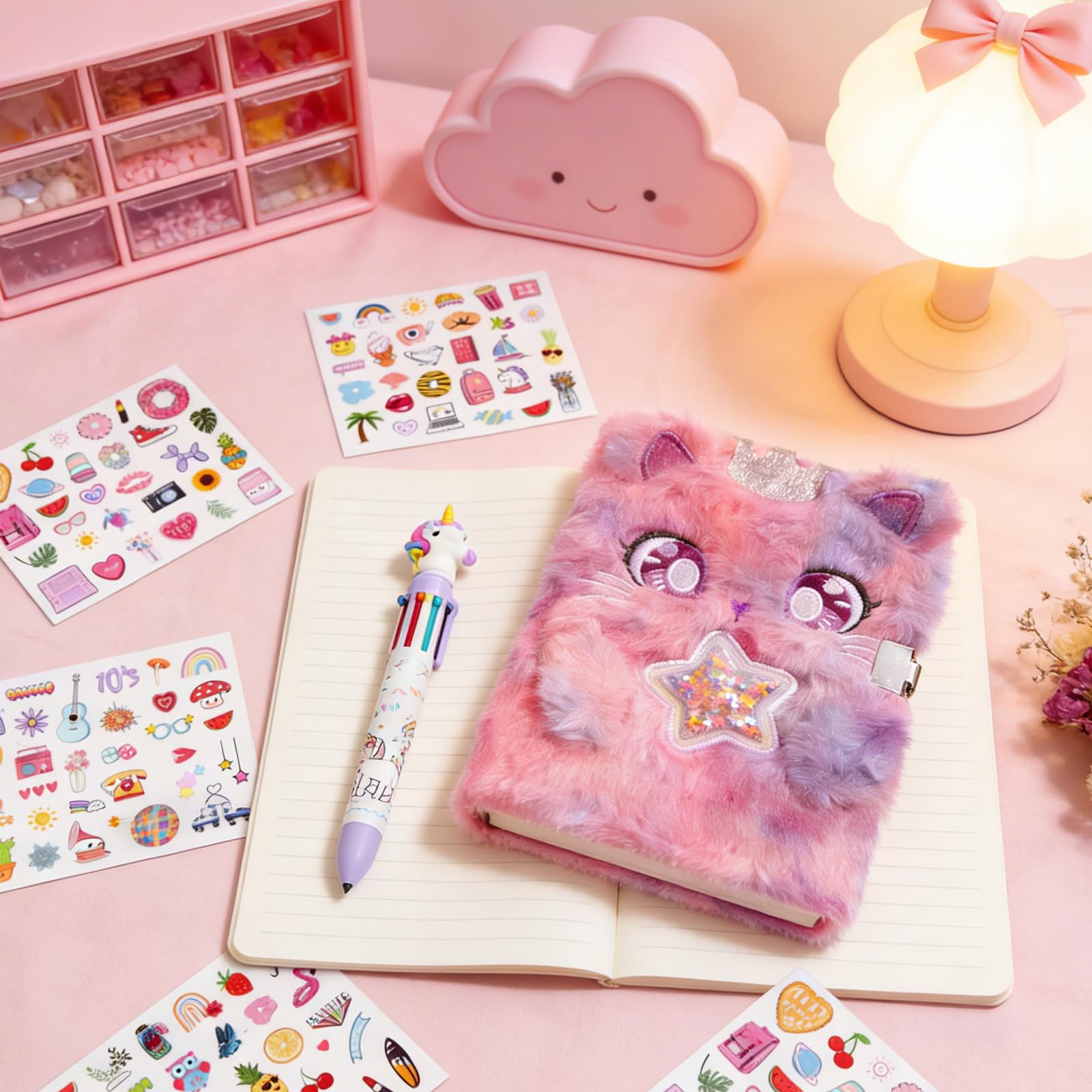 Diario per ragazze con lucchetto e chiavi, diario scolastico e viaggio, set regalo per scrivere e disegnare, penna multicolore, adesivi, regalo di compleanno per ragazze (gatto viola)
