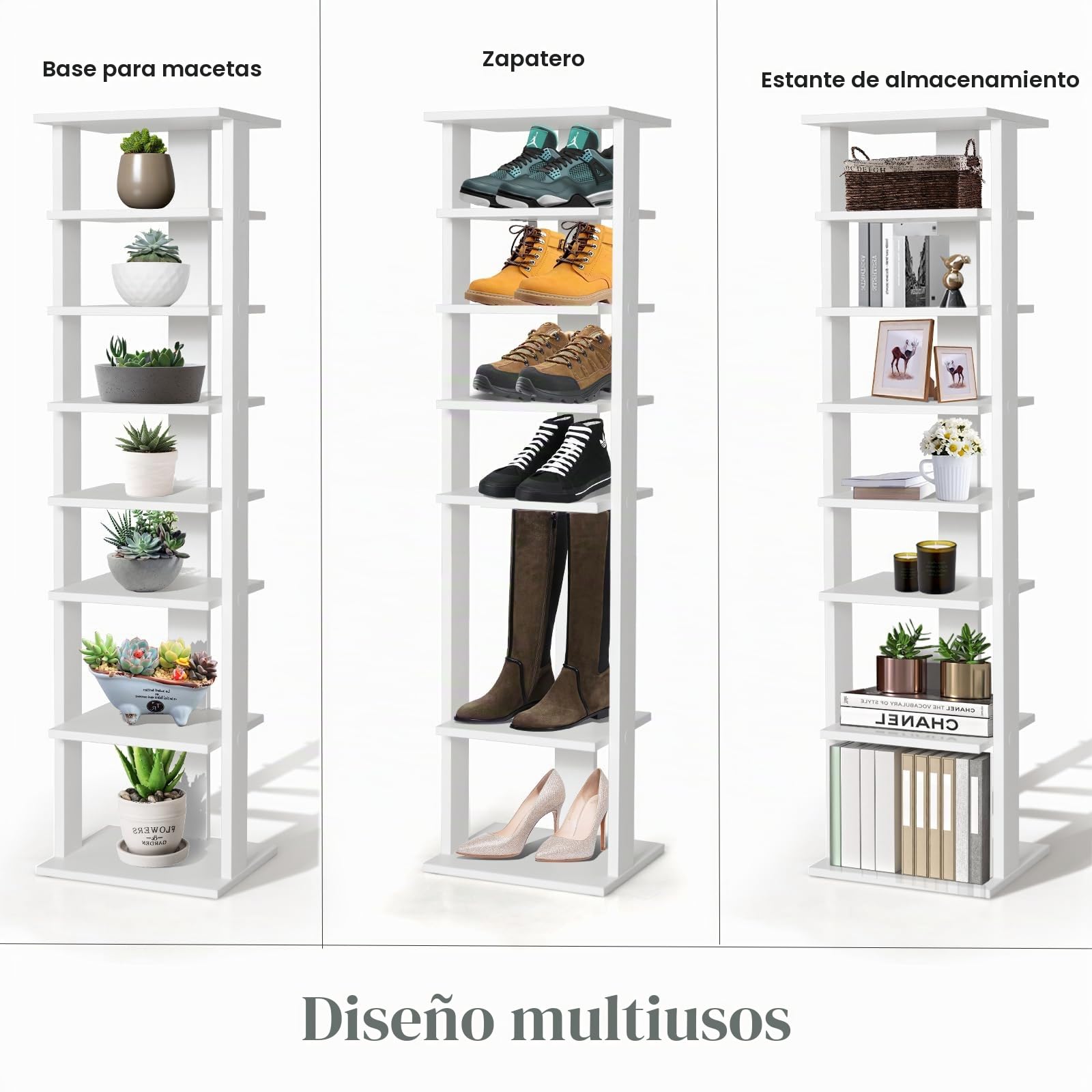 HOMASIS Zapatero de Madera, Zapatero Individual de 7 Niveles, en Panel de Madera MDF con Dispositivo antivuelco, Estante de Almacenamiento Independiente para Zapatos, 28,5x25,5x110cm (Blanco)