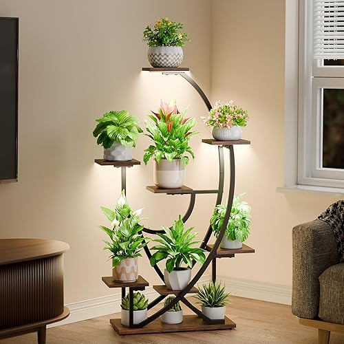 POZILAN Soporte para plantas con luz de crecimiento, 8 soportes de esquina para plantas de interior múltiples, estante de metal iluminado de 51