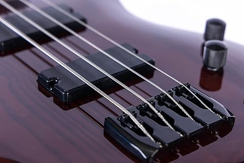 Miniatura 7 de Bajo eléctrico de 4 cuerdas, tamaño completo estándar diestro para principiantes, intermedios y profesionales, color marrón con perilla negra
