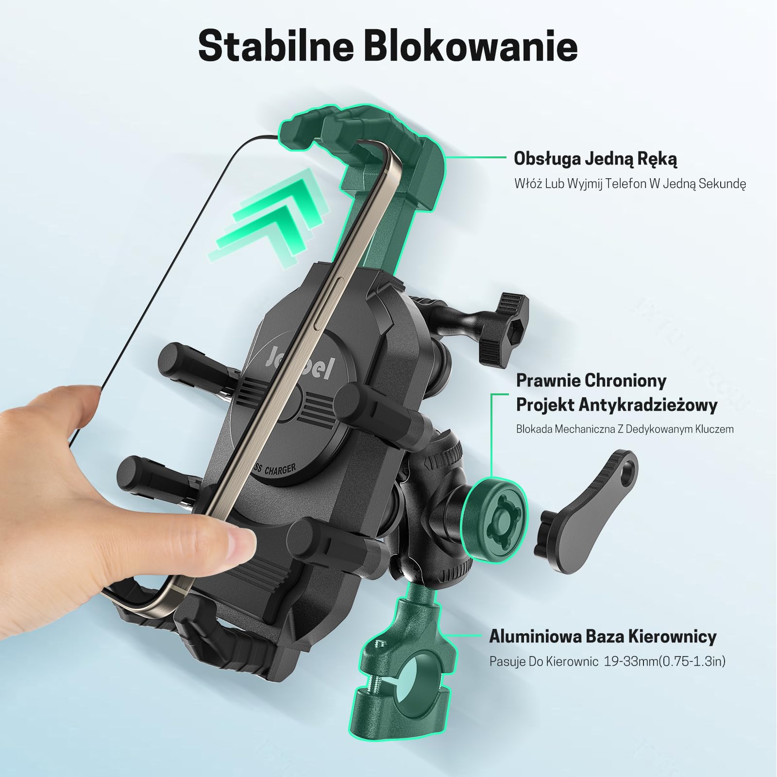 Jeebel Uchwyt na telefon motocyklowy 3 w 1 ładowarka do smartfona motocyklowego z bezprzewodowym ładowaniem Qi 15W i USB-C QC 3.0 30 W, osłona przeciwsłoneczna, ochrona przed kradzieżą, obrót o 360°