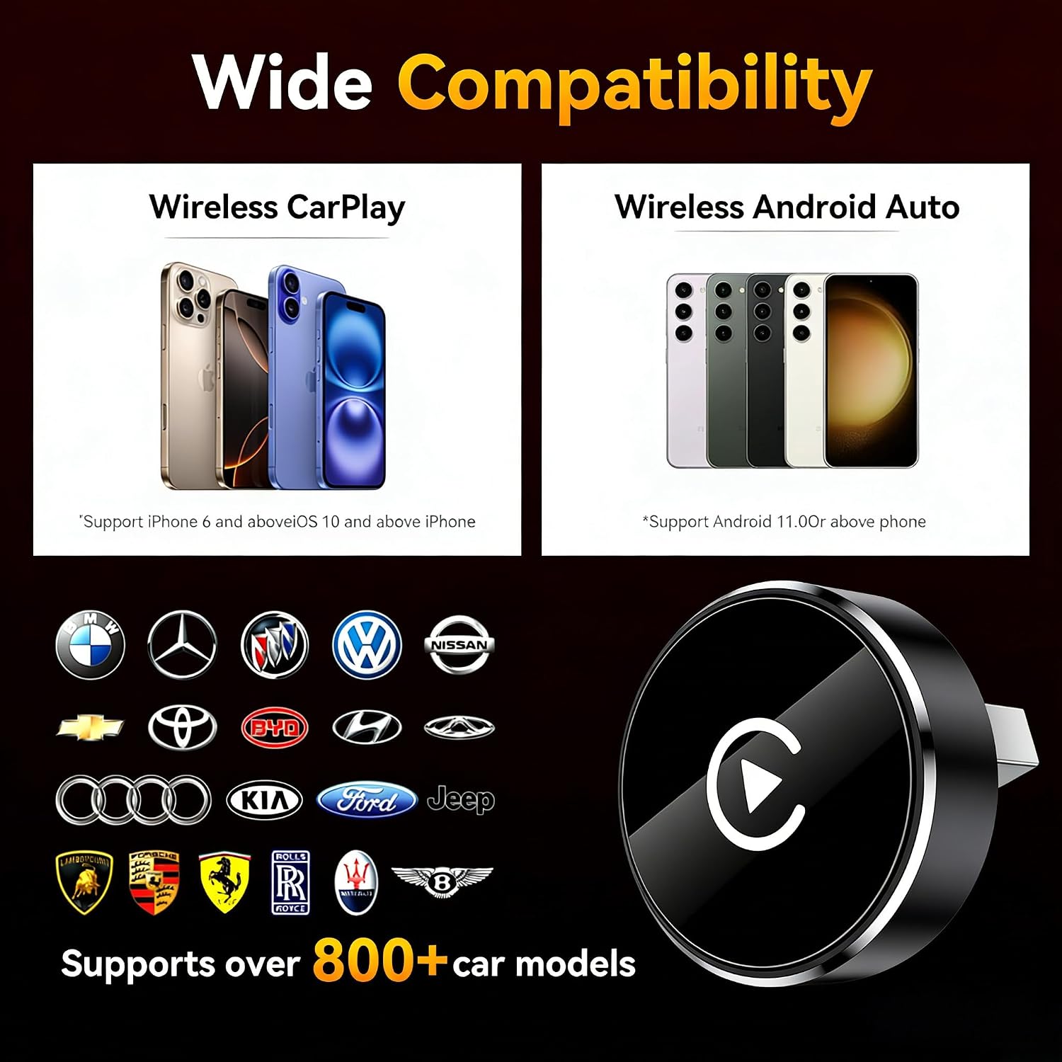 Wireless CarPlay Adapter, 2-in-1 Mini CarPlay & Android Auto Wireless Adapter, Plug & Play, Auto Connect, Car Accessories, Car Play Dongle Compatible with iPhone & Android