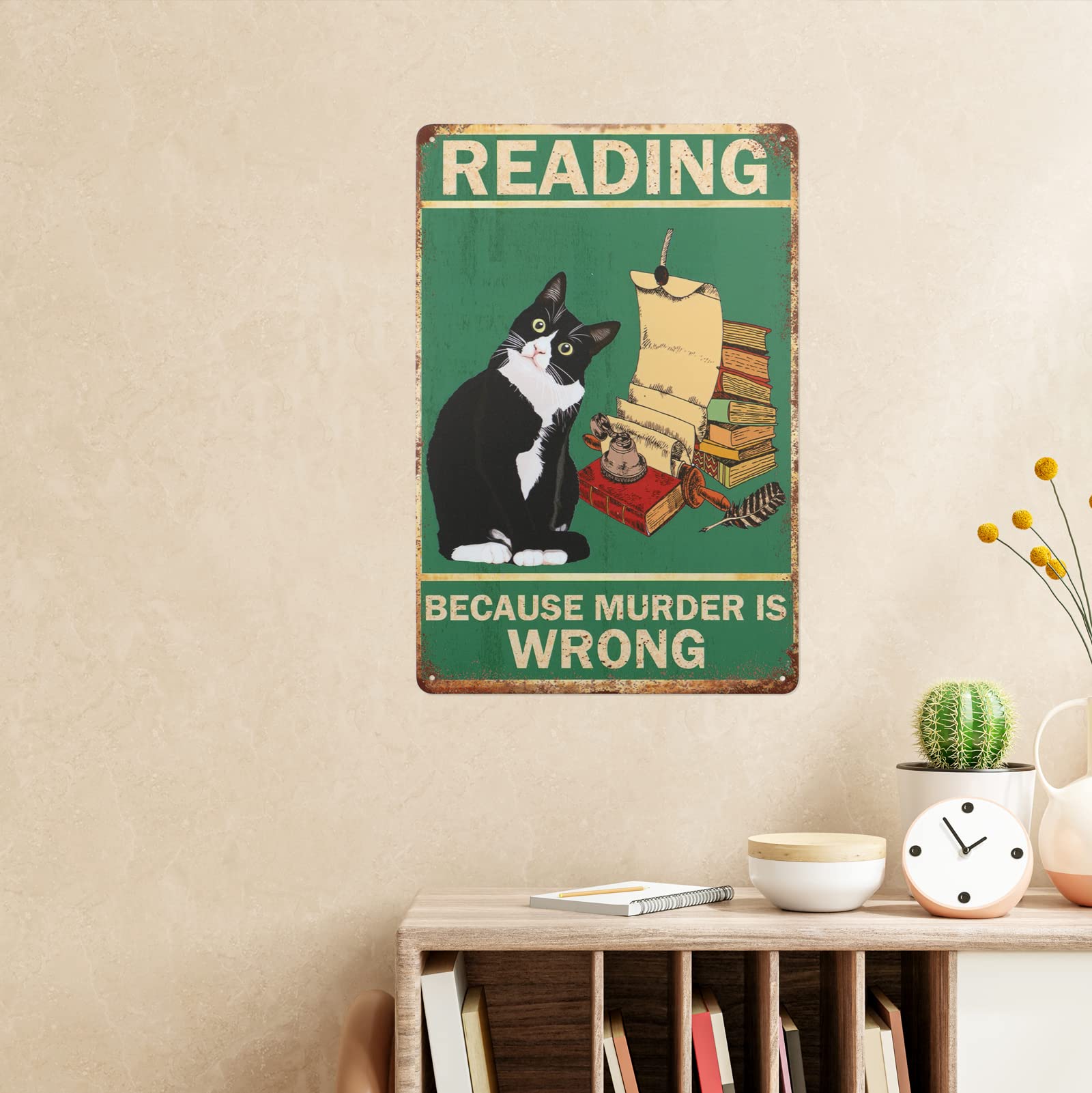 Targa In Metallo Gatto Nero 20x30 Cm – 'Because Murder Is Wrong' – Cartello Decorativo Vintage Con Adesivi Inclusi