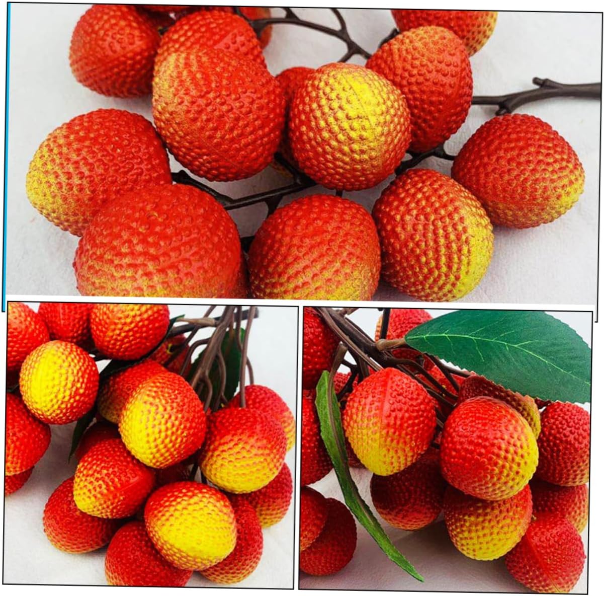 2 Bunches Artificial Litchi Fruit Model Realistic Fake Fruits for Home Kitchen Party Decoration Photo Props Reusable Plastic Simulation with Leaves
