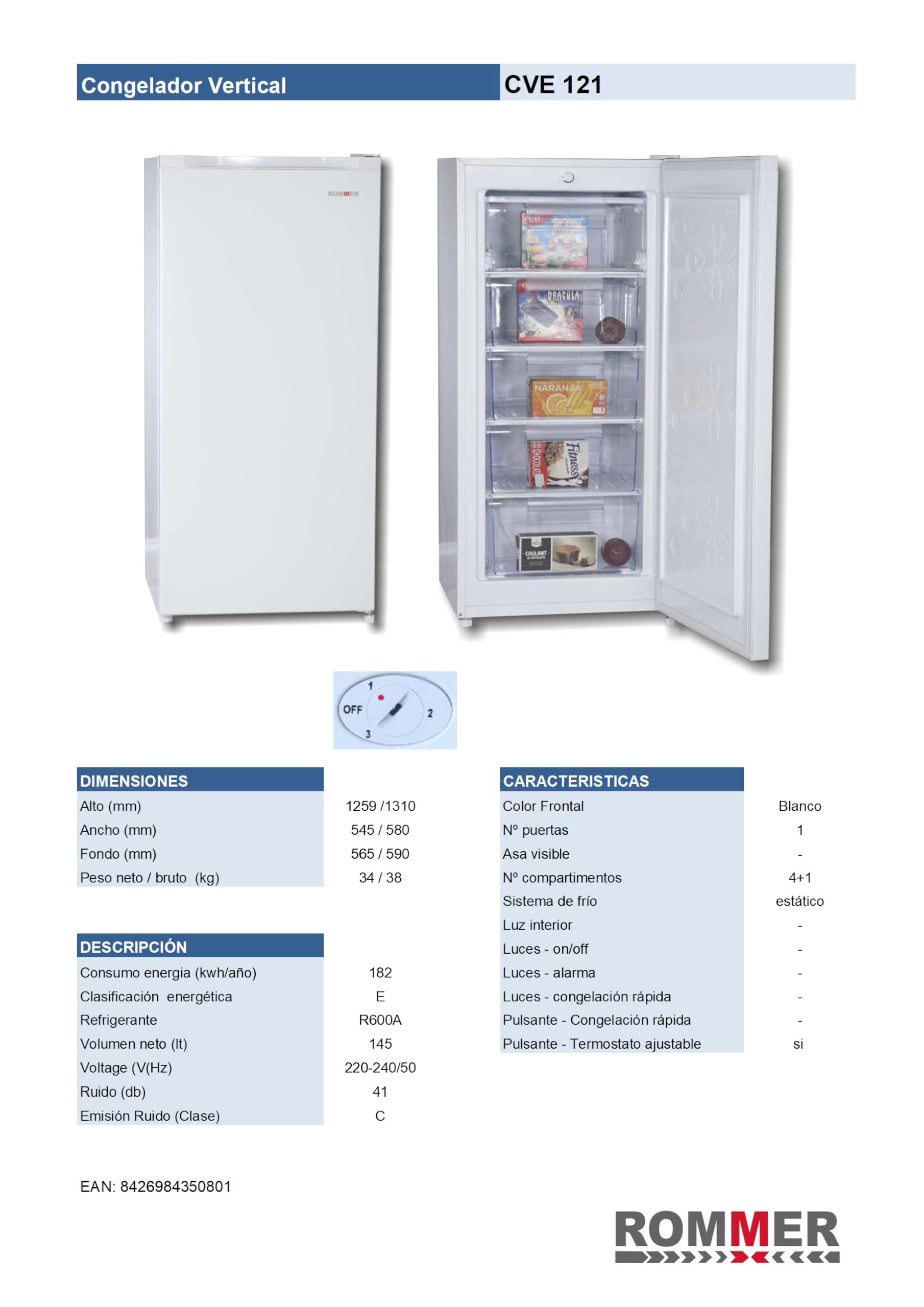 Congelador Vertical Rommer CVE 44, Capacidad 168 Litros, Color Blanco