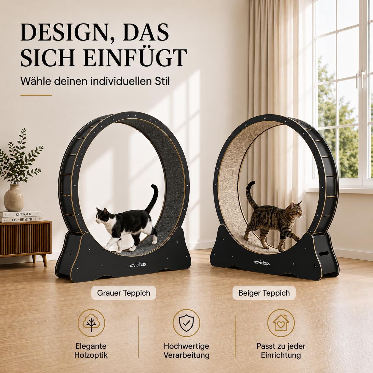 Katzenlaufrad Baghira Groß XXL | 132 cm Durchmesser für alle Katzen | Inklusive Anti-Vibrationsmatte | Kurzfloriger Teppich in 2 Farben zur Auswahl (Schwarz mit grauem Teppich)