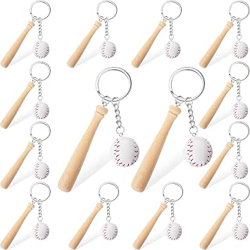 Hicarer 16 Pcs Mini Baseball Keychain with Wooden Bat for Sports Themed Party Team Souvenir Athletes Rewards Party Favors