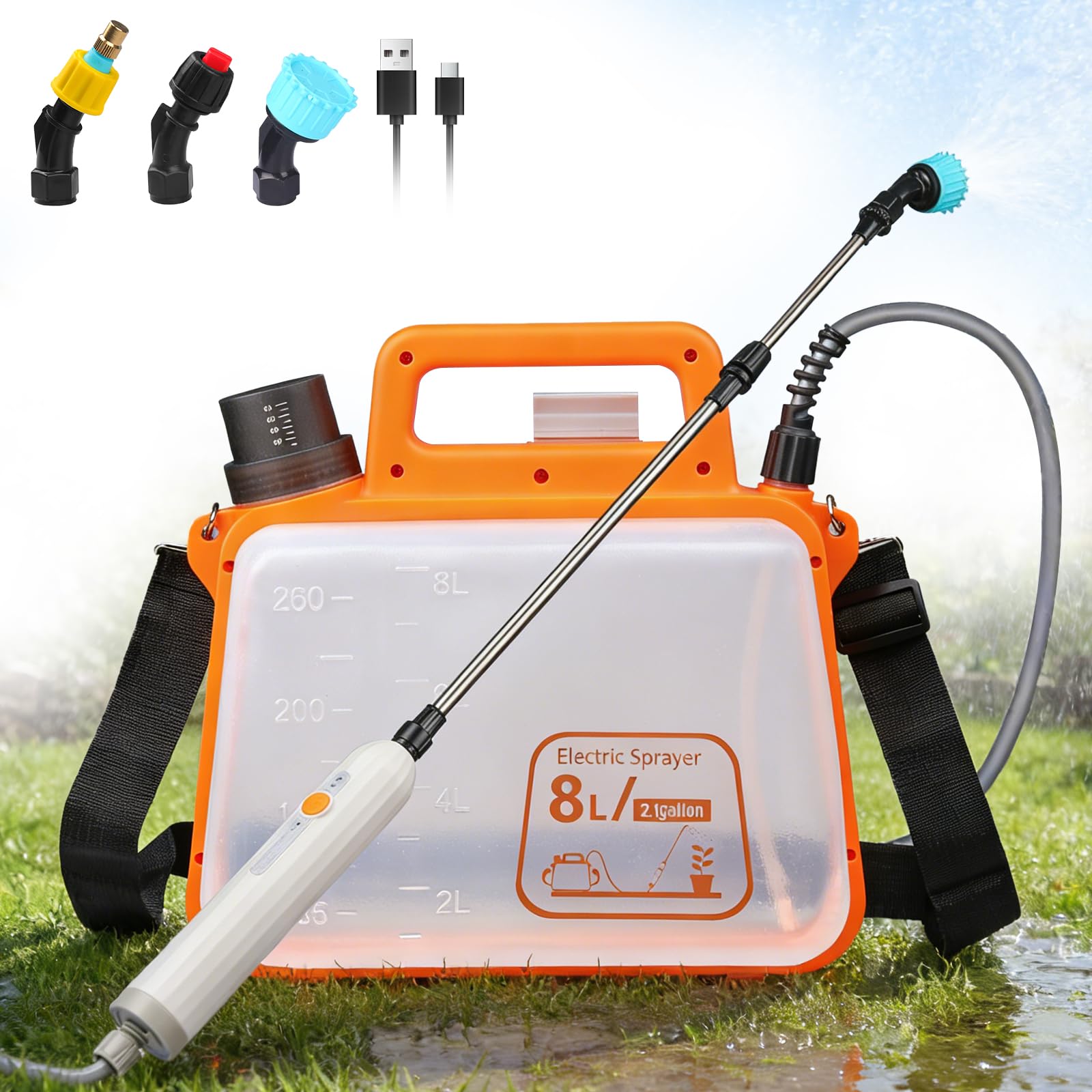 Pompa Irroratrice a Batteria 8L con Impugnatura Impermeabile, Batteria al Litio 2500mAh, 3 Ugelli & Asta Telescopica, Serbatoio Pieghevole Arancione – Ideale per Fitofarmaci & Fertilizzanti Liquidi