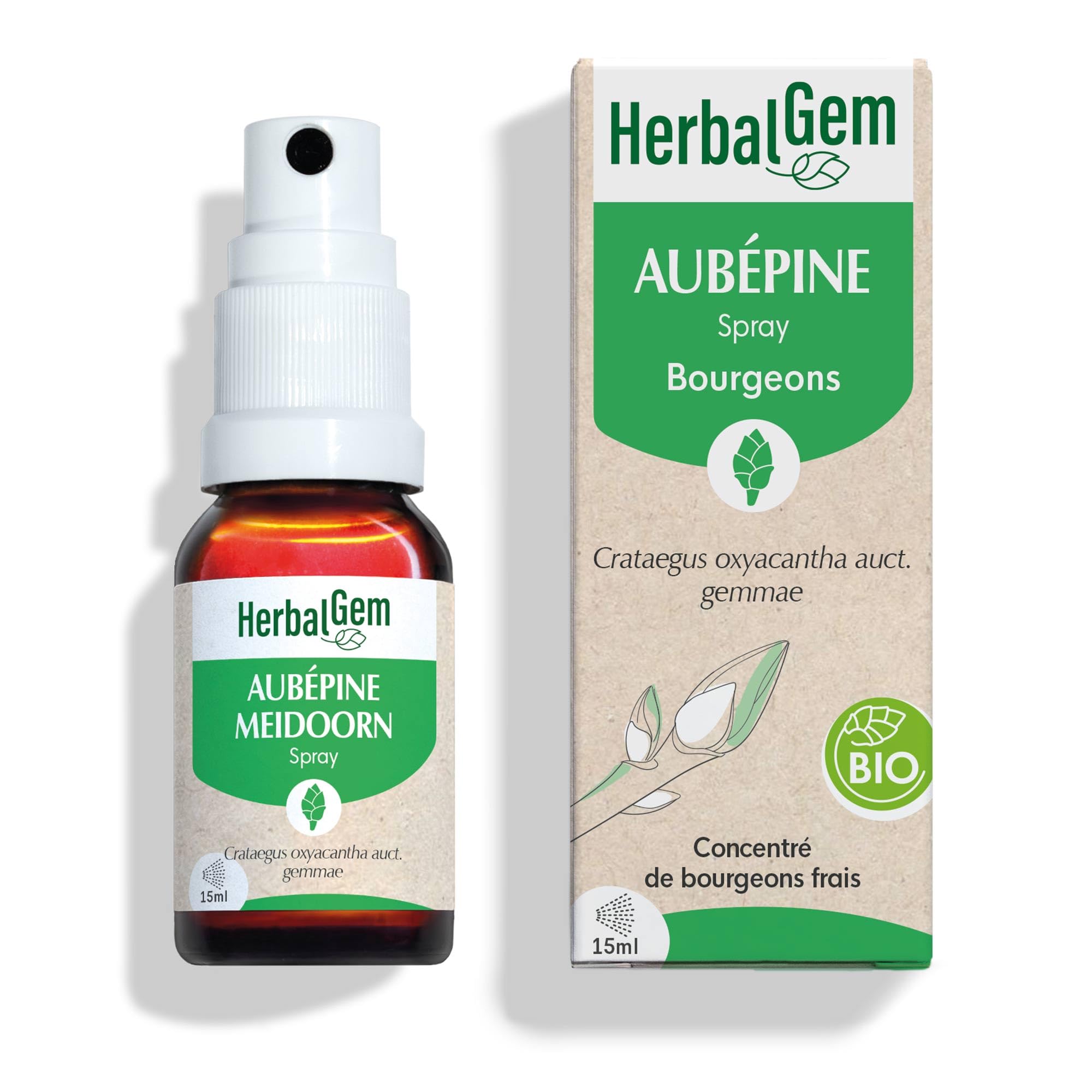 HerbalGem - Macérât-​Mère - Spray aubépine Bio - Complément Alimentaire Gemmothérapie Concentrée - Extrait de Bourgeon Frais - pour Circulation Sanguine - Format Nomade, Simple et Pratique - 15 ml