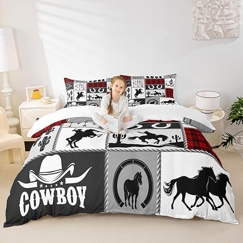 Miniatura 8 de Manfei Juego de funda de edredón con estampado de piel de vaca, tamaño King, color blanco y marrón, juego de ropa de cama de 3 piezas para niños y