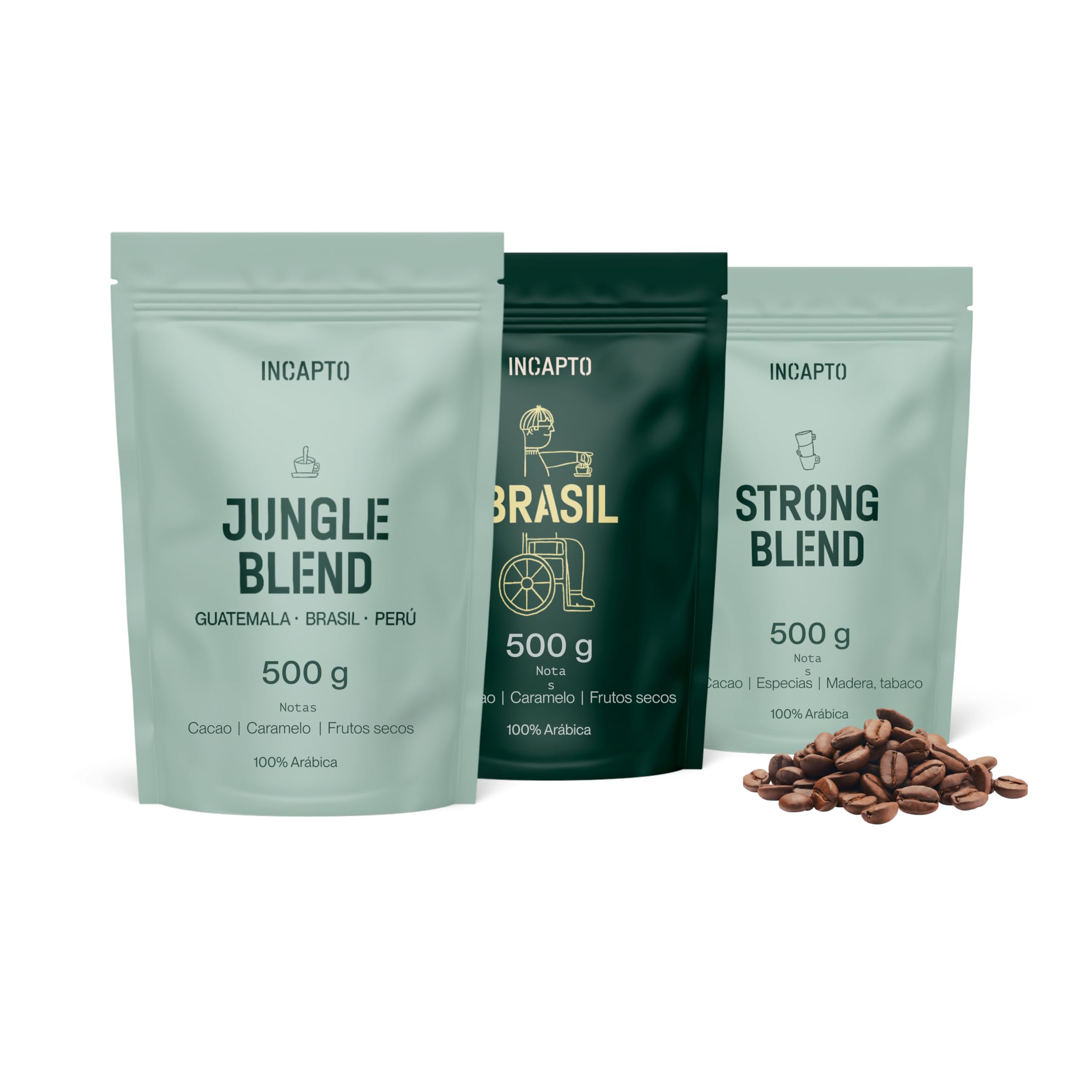 Incapto Pack de Introducción al Café en Grano de Especialidad | Jungle Blend, Café de Brasil y Strong Blend | Nivel de Tueste Alto y Aroma Intenso | 3 paquetes de 500g