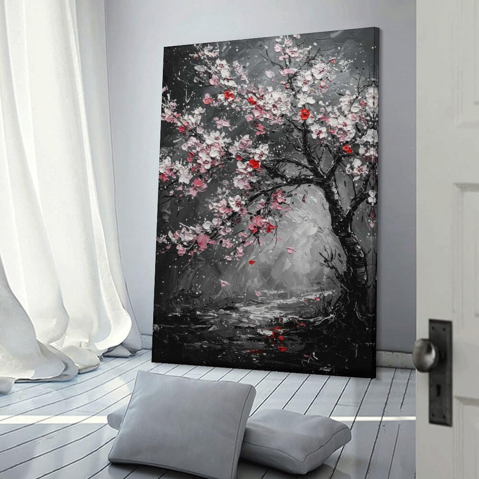 Junmoney Frame-Style-17 Hanging Wall Art Cherry Blossom Tree Painting, 08X12inch(20X30cm), For Entryway, Lounge Links Or Small Walls, A Neat Decor Update For Hallways