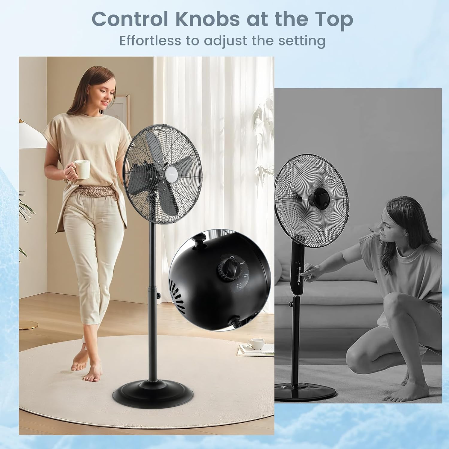 COSTWAY Metal Pedestal Fan, 16-inch Quiet High Velocity 75° Oscillating Standing Fan with Height Adjustable, 3 Wind Speed, 4 Blades, Widespread Floor Fan for Bedroom Home Office Shop, Black