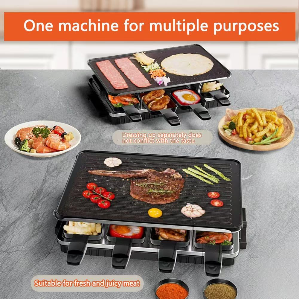 Parrilla de interior sin humo, parrilla coreana 2 en 1, parrilla eléctrica Raclette, utensilios de cocina con 8 mini parrillas para queso, regalo de Navidad, control de temperatura antiadherente 4