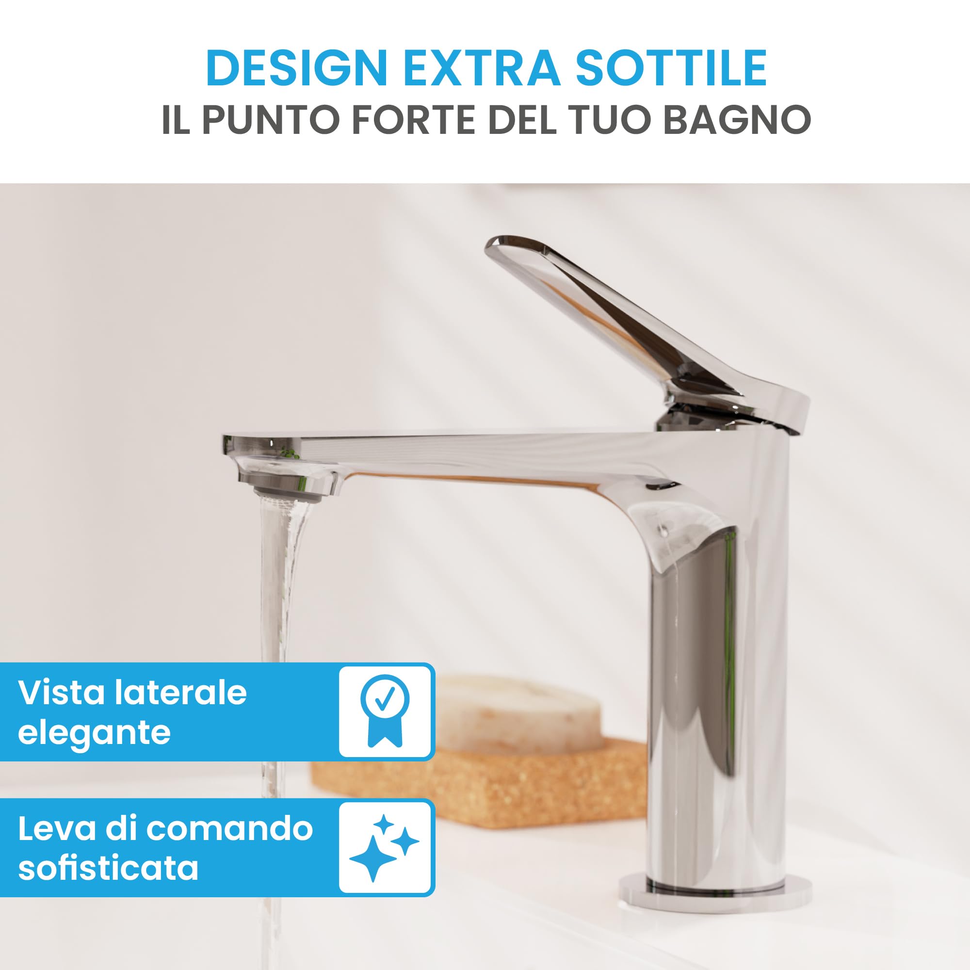 Bächlein Rubinetto da bagno Aldeya dal design moderno, miscelatore monocomando con cartuccia in ceramica durevole e kit di montaggio, rubinetto da bagno cromato