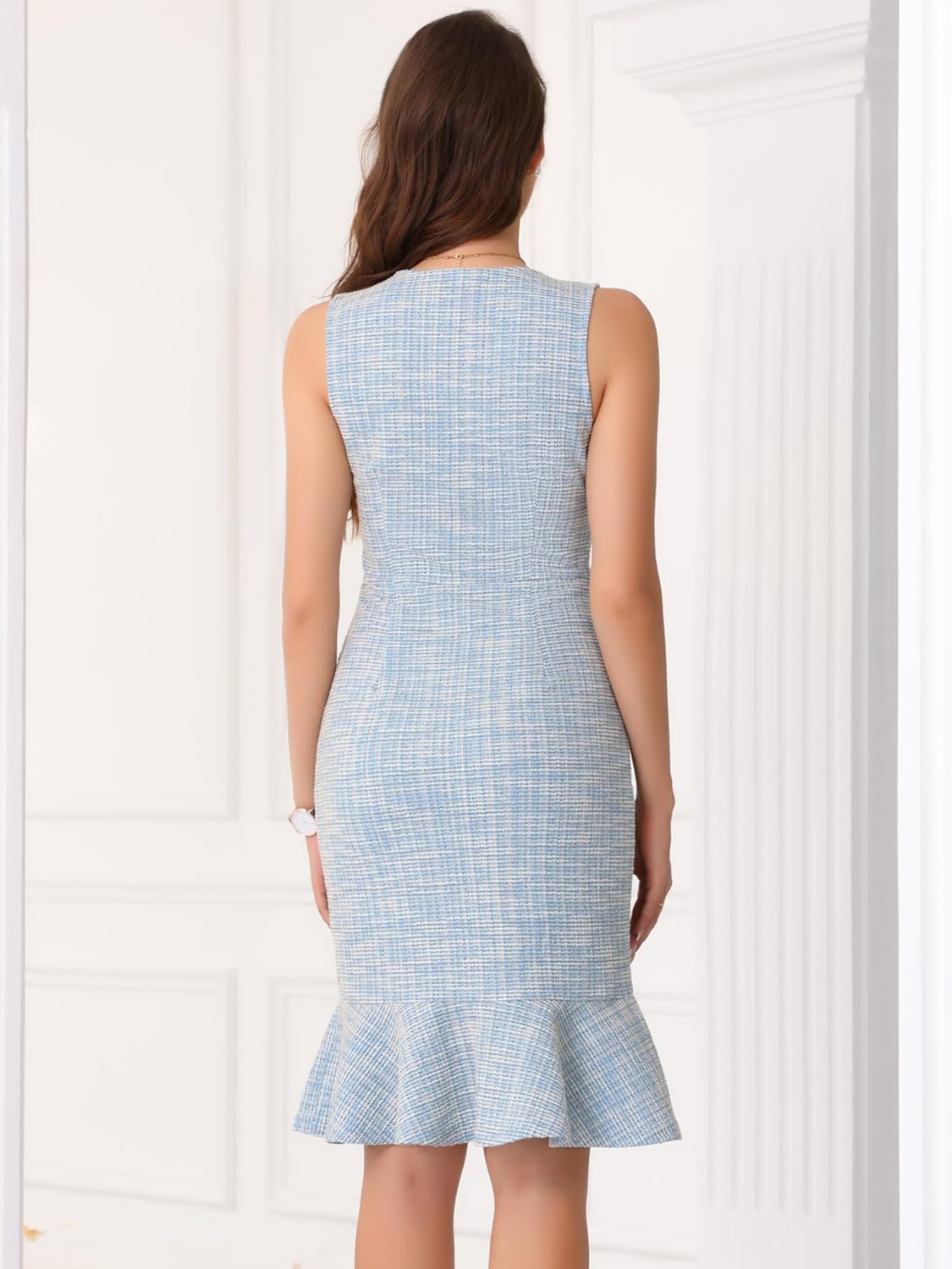 Allegra K Tweed Dress for Women's Sleeveless V Neck Ruffles Bodycon Plaid Dresses - Image 3