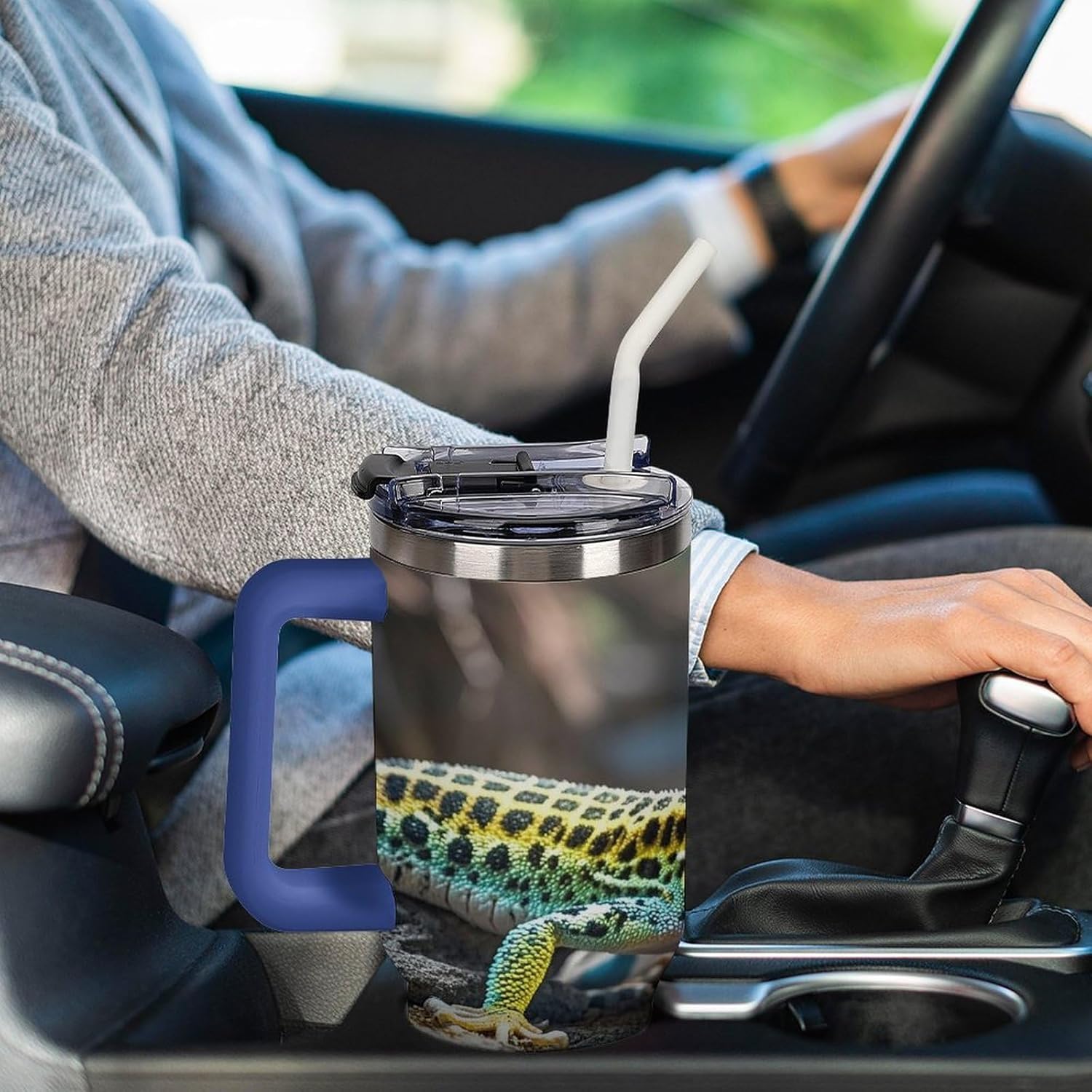 Leopard Little Gecko Travel Coffee Mug Reusable Durable Stainless Steel Insulated Tumbler with Handle And Straw Leak Resistant Portable Thermal Cup Gifts for Men Women 40 Oz