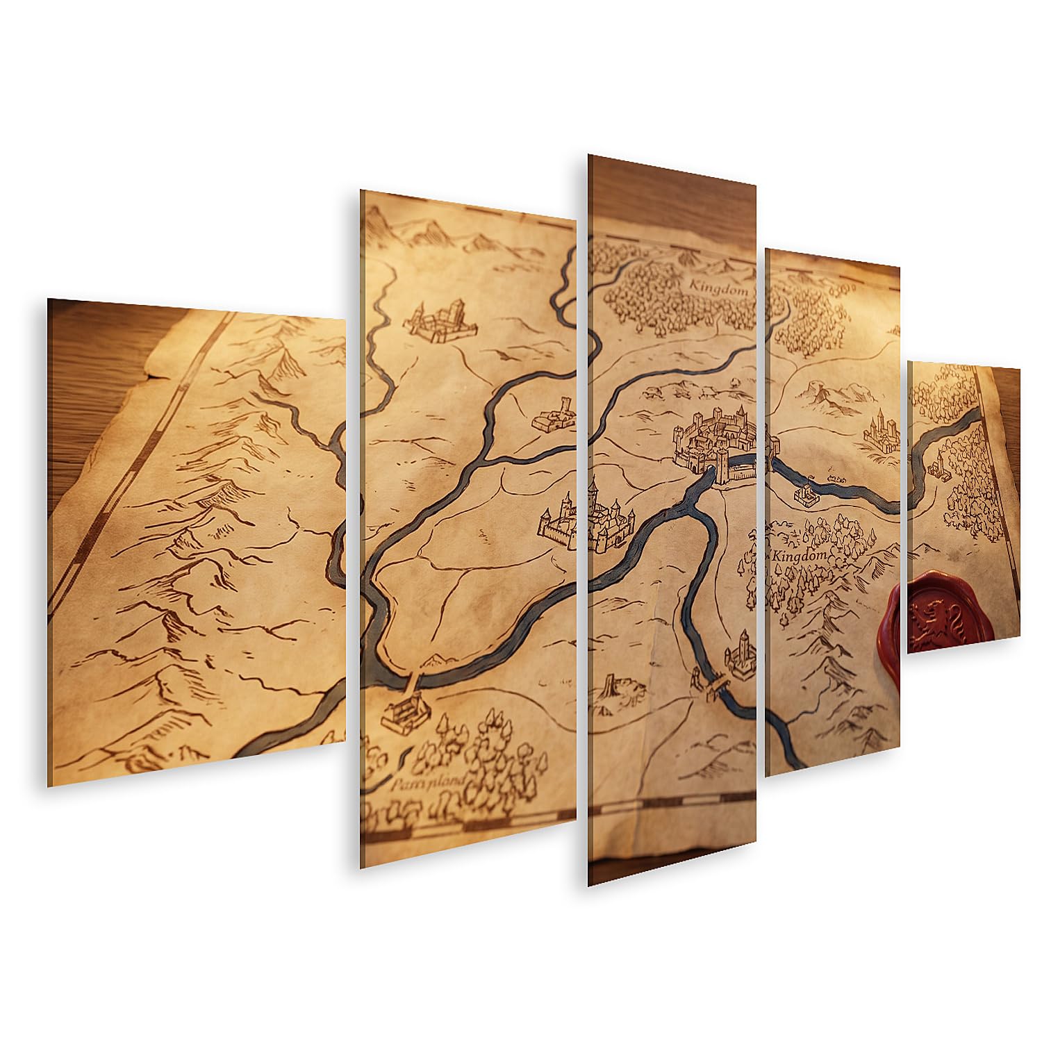 islandburner Quadro su tela con mappa mistica medievale, decorazione da parete per ufficio per gli amanti della storia, 5 pezzi