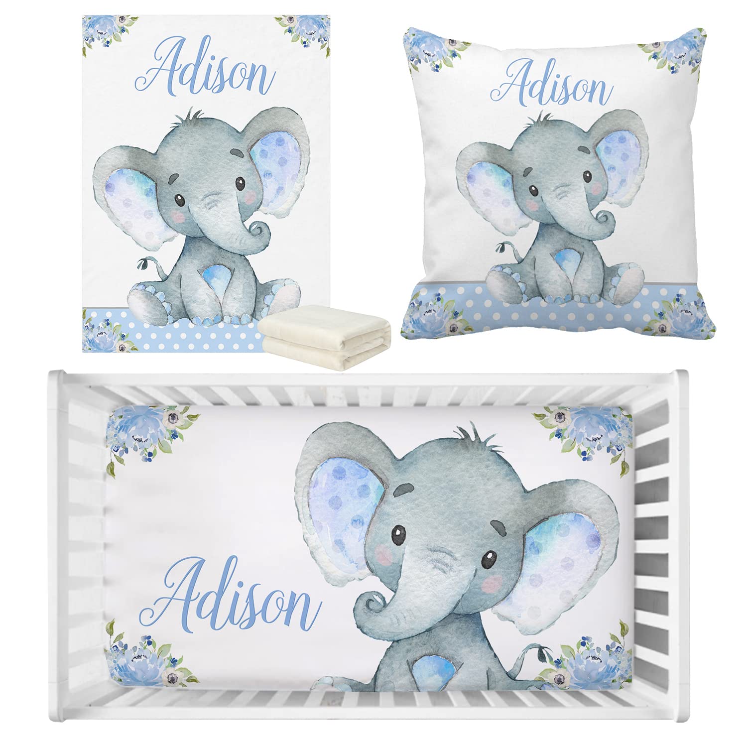 UOOPOO-US3Pcs Flower Blue Elephant Baby Crib Sheet Set, Personalized Fitted Crib Bedding Sheet with Name, Crib Mattress Sheets for Baby Boys Girls, Mini Crib Sheet | Name Crib Sheets Set