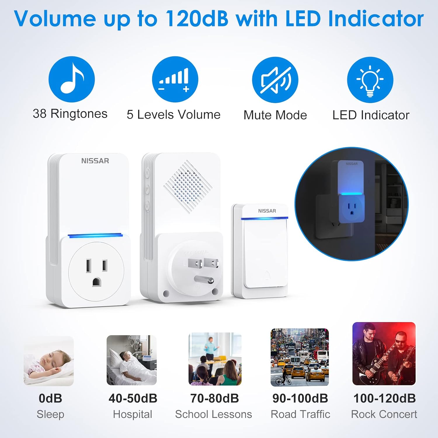 Nissar Wireless Doorbell kit - Wireless Doorbell with Extra Socket Waterproof Cordless Door Chime Ringer Button, Up to 1000ft Range with 38 Chimes, 5-Level Volume & LED Light (White) - - 