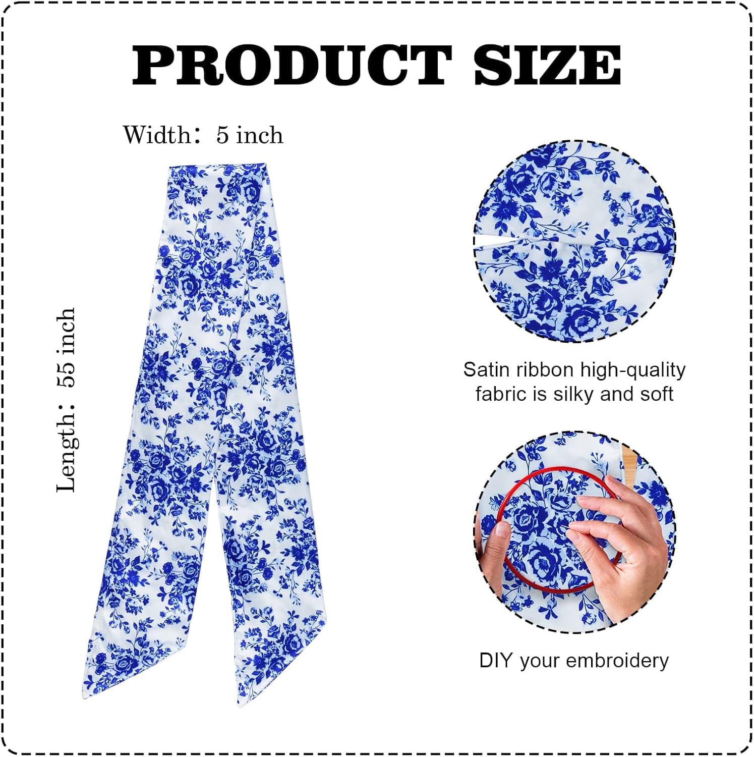 YKW Wreath Sash for Front Door Blue Rose Floral Chinoiserie Decor 55x5 Inch Ribbon Accessories Garland Bow Monogram Home Party Yard Indoor Outdoor Decoration (Chinoiserie Blue Floral)
