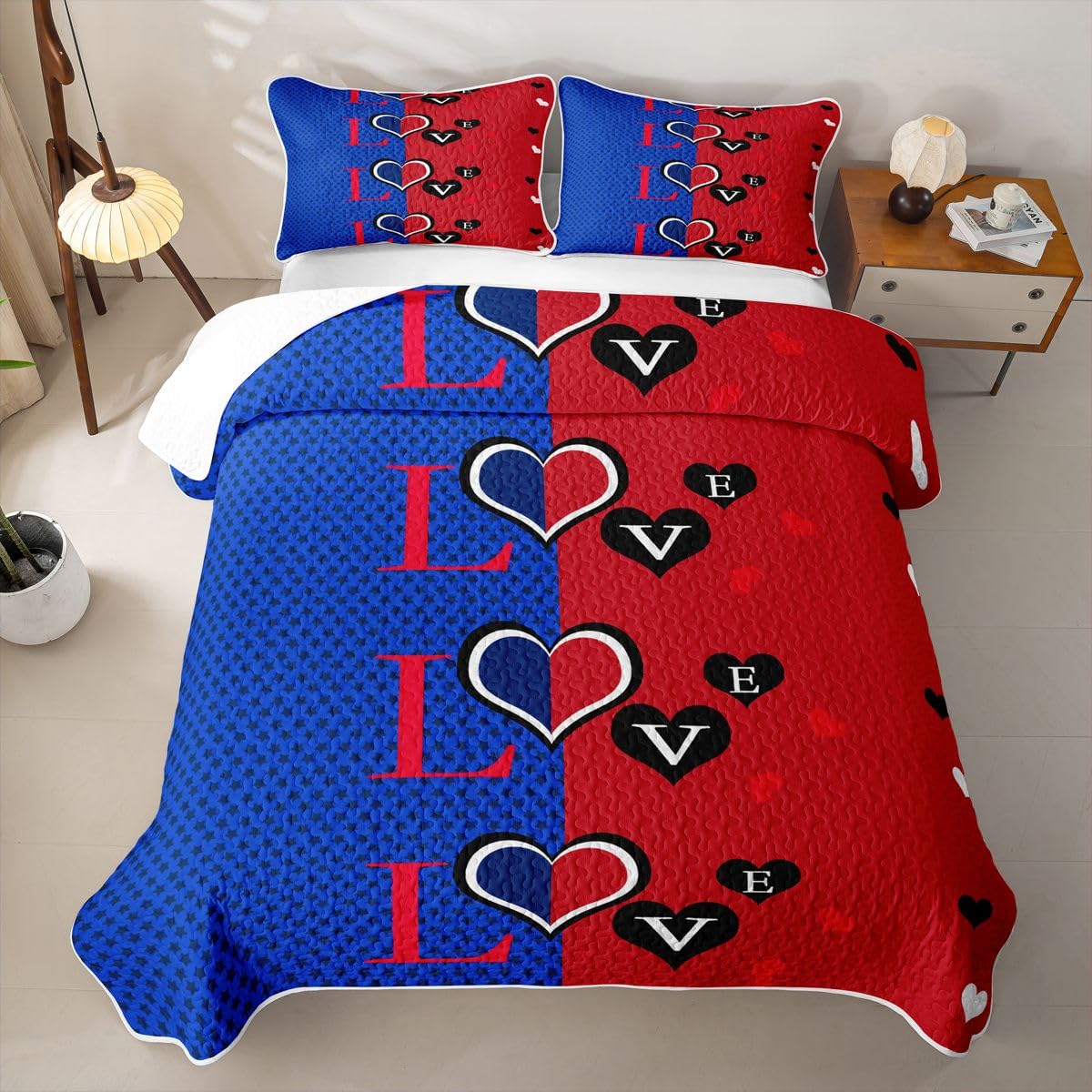 Homewish Copriletto Singolo Blu Rosso Cuore Amore Tutte Le Stagioni