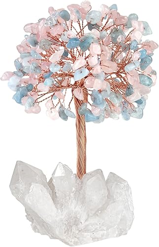 Nupuyai Árbol de cuarzo rosa curativo hecho a mano y cristal de aguamarina con racimo de cuarzo roca, bonsái de piedra energética, decoración de
