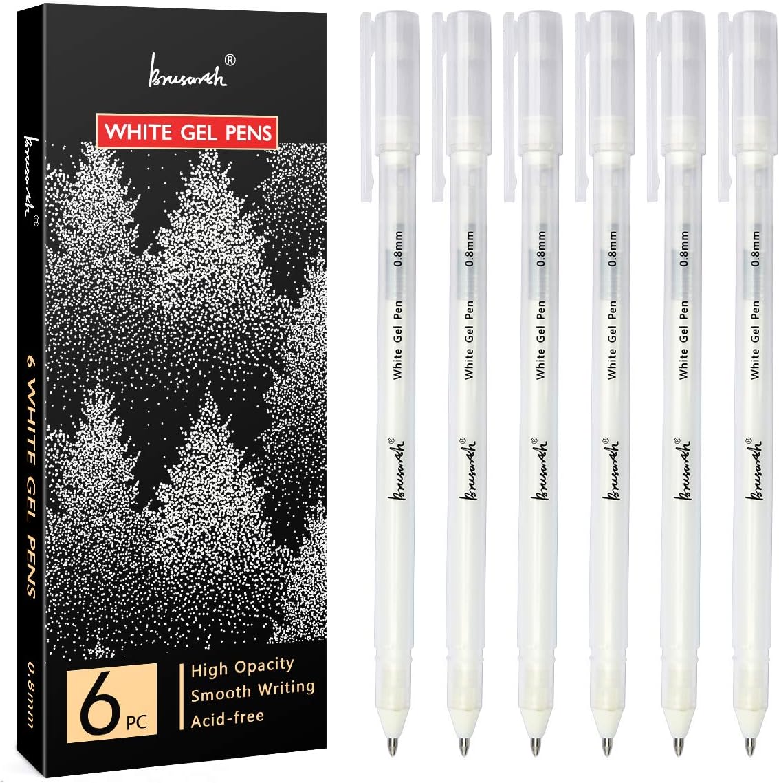 White Gel Pen Set - 0.8 mm Extra Fine Point Pens Gel Ink Pens for Black Paper Drawing, Sketching, Illustration, Card Making, Bullet Journaling, Pack of 6