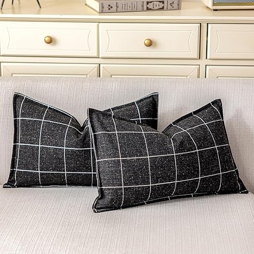 Miniatura 8 de CARRIE HOME Juego de 2 fundas de almohada lumbares a cuadros bohemios de 12 x 20 pulgadas, color crema y negro, decoración moderna de granja para
