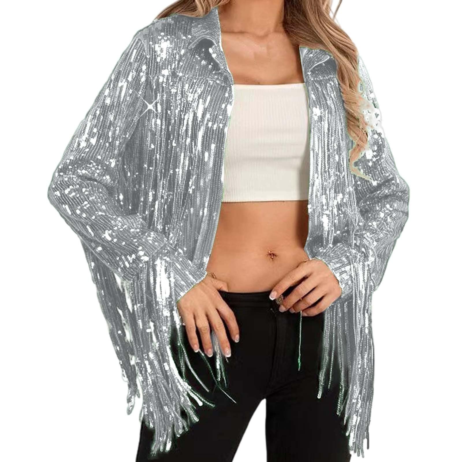 Damen Pailletten Jacke mit Fransen Glitzer Cardigan Langarm Blazer Offene Vorderseite Party Jacken 70er Jahre Disco Outfit für Karneval Fasching Festival Clubwear 2026