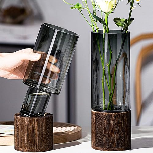 Miniatura 1 de TSYFM Jarrones de cristal con base de madera, jarrones creativos de lujo color gris claro de 10 pulgadas de alto, jarrones cilíndricos para centros