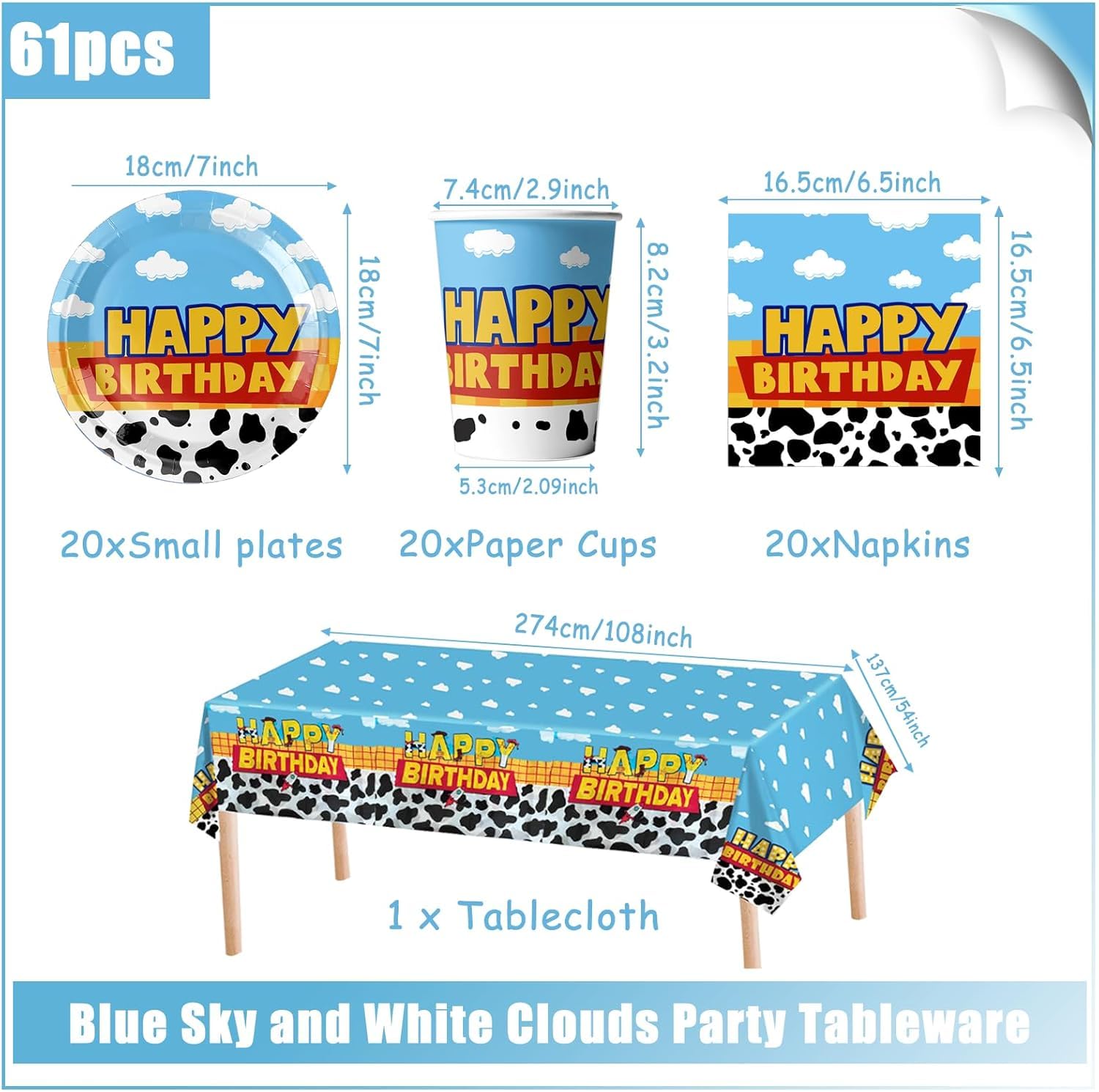 61 piezas de vajilla para fiesta de cumpleaños de Toy Story, vajilla para cumpleaños infantiles, incluyendo vasos, platos, manteles, servilletas de papel, para 20 personas