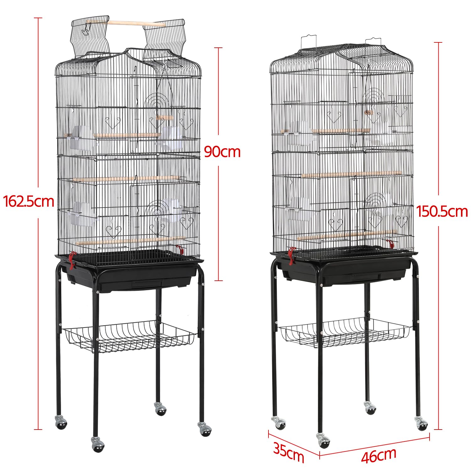Yaheetech Gabbia Voliera per Uccelli Pappagalli Inseparabili Calopsite Parrochetti in Metallo con Piedistallo Ruote e Tetto Apribile 46 x 35 x 150,5 cm Nera