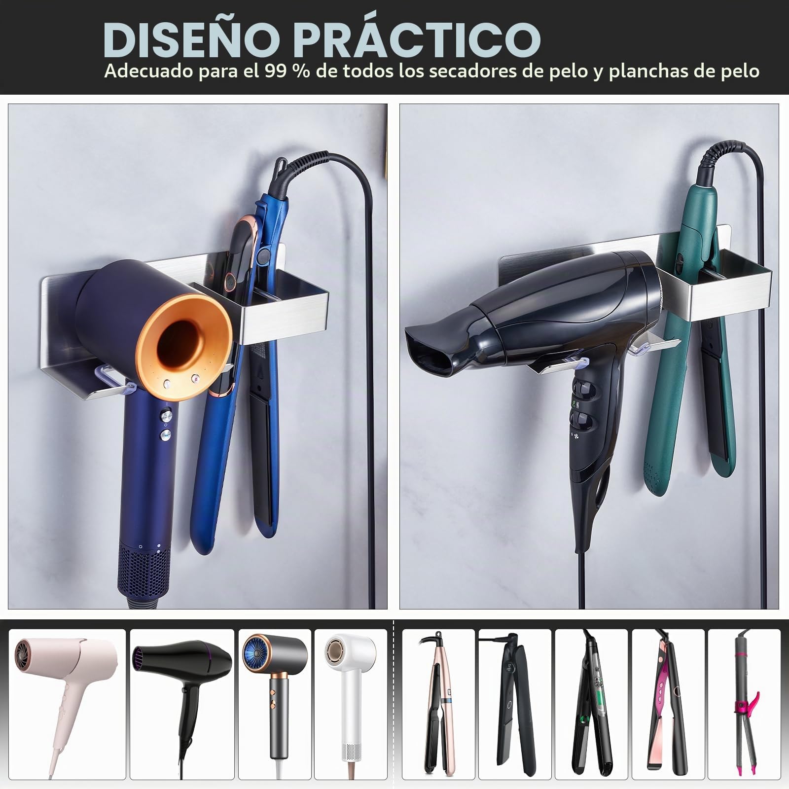 Soporte Secador Pelo y Plancha sin Taladro Adhesivo