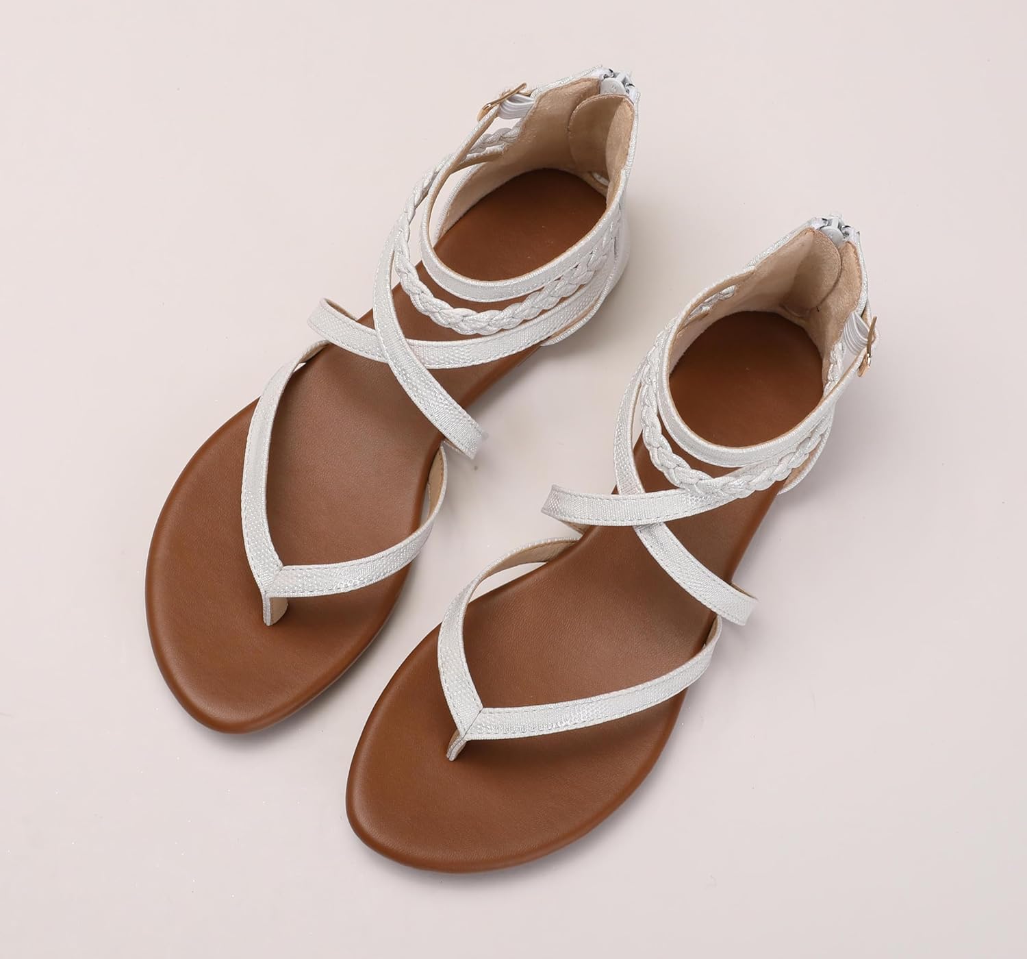 Women's Summer Strappy Flat Sandals Casual Gladiator Shoes Open Toe Sparkly Crossover Straps Dressy Fisherman Thong Sandals for Walking Beach Vacation - Image 3