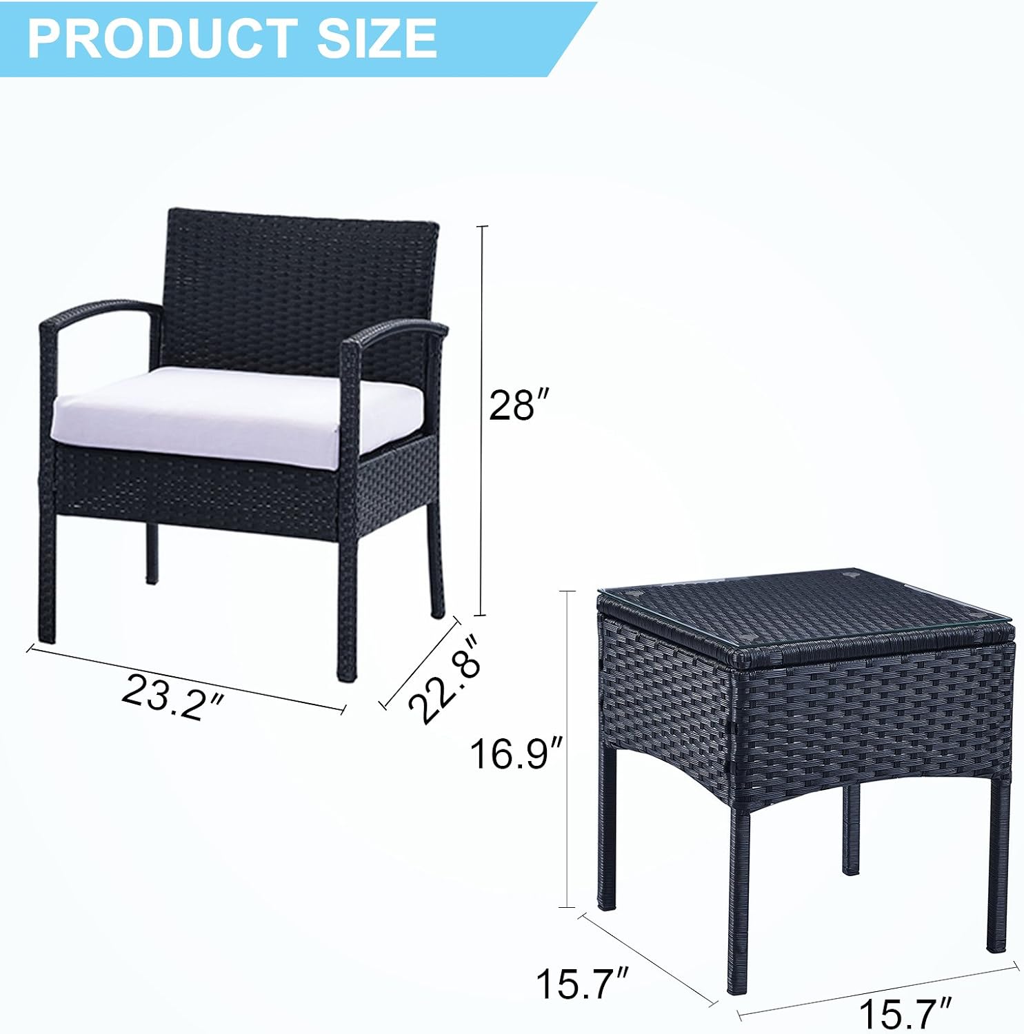 3 Piece Outdoor Rattan Wicker Furniture Table & Chair Set Cushioned Patio Garden