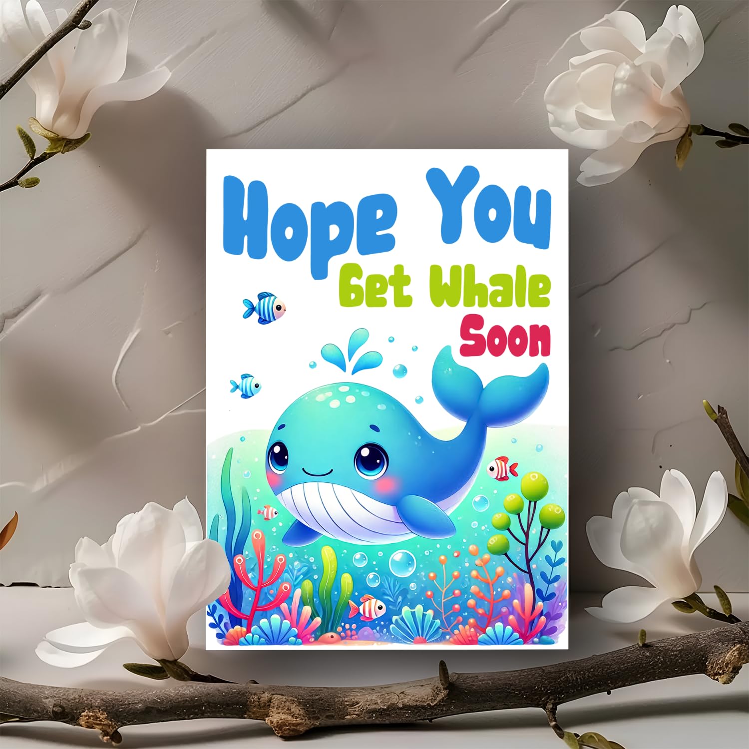 Biglietto Auguri Huxters Get Well Soon - "Get Whale Soon" - Formato A5, Carta 350g/m², Con Busta Blu, Interno Bianco