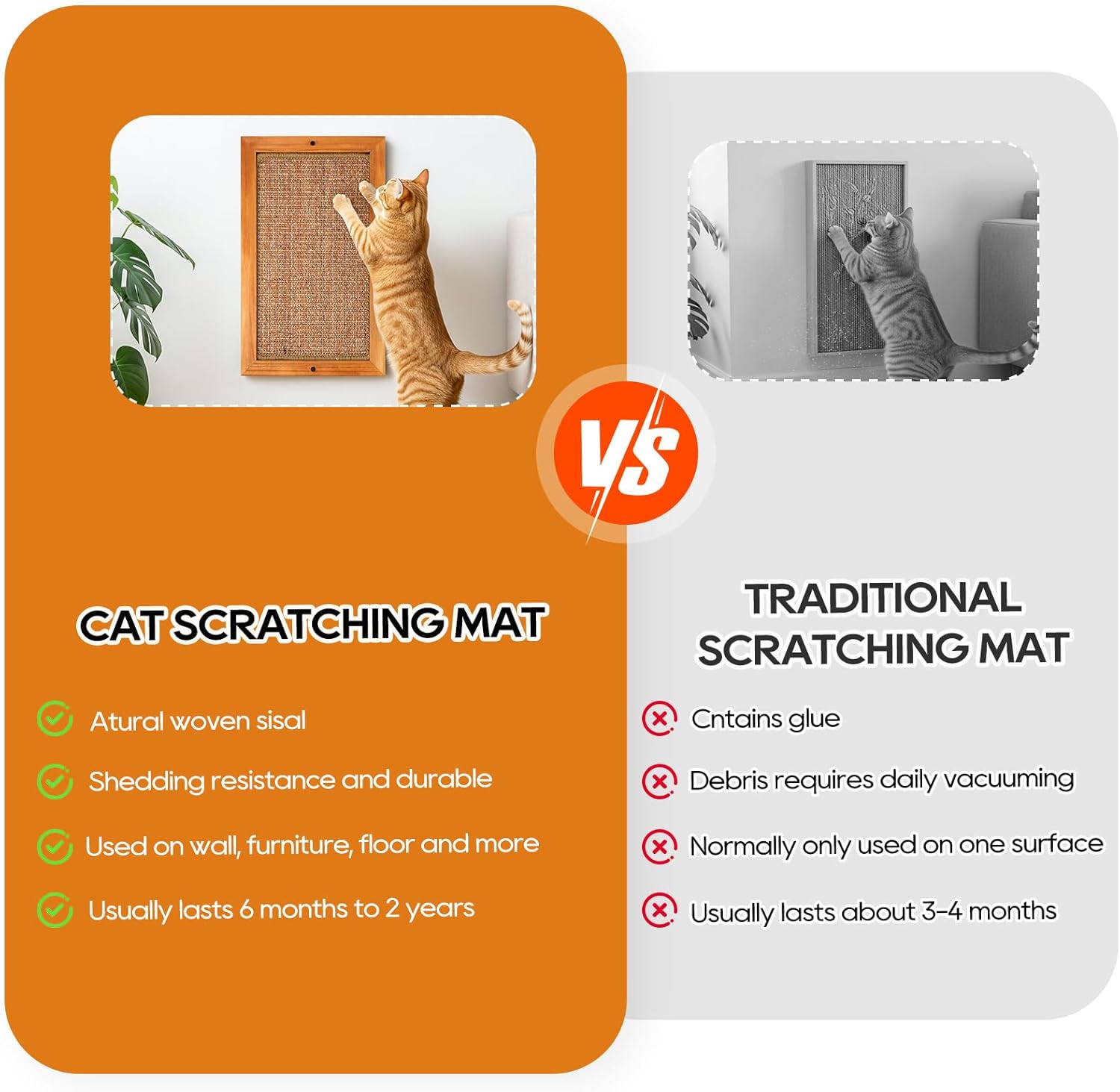 Cat Scratching Post - 2PCS Large, Wooden Sisal Cats Wall Scratcher, Floor or Wall Mounted Vertical Cat Scratch Pad for Indoor Cats Adults or Kittens, Cat Wall Furniture Protector