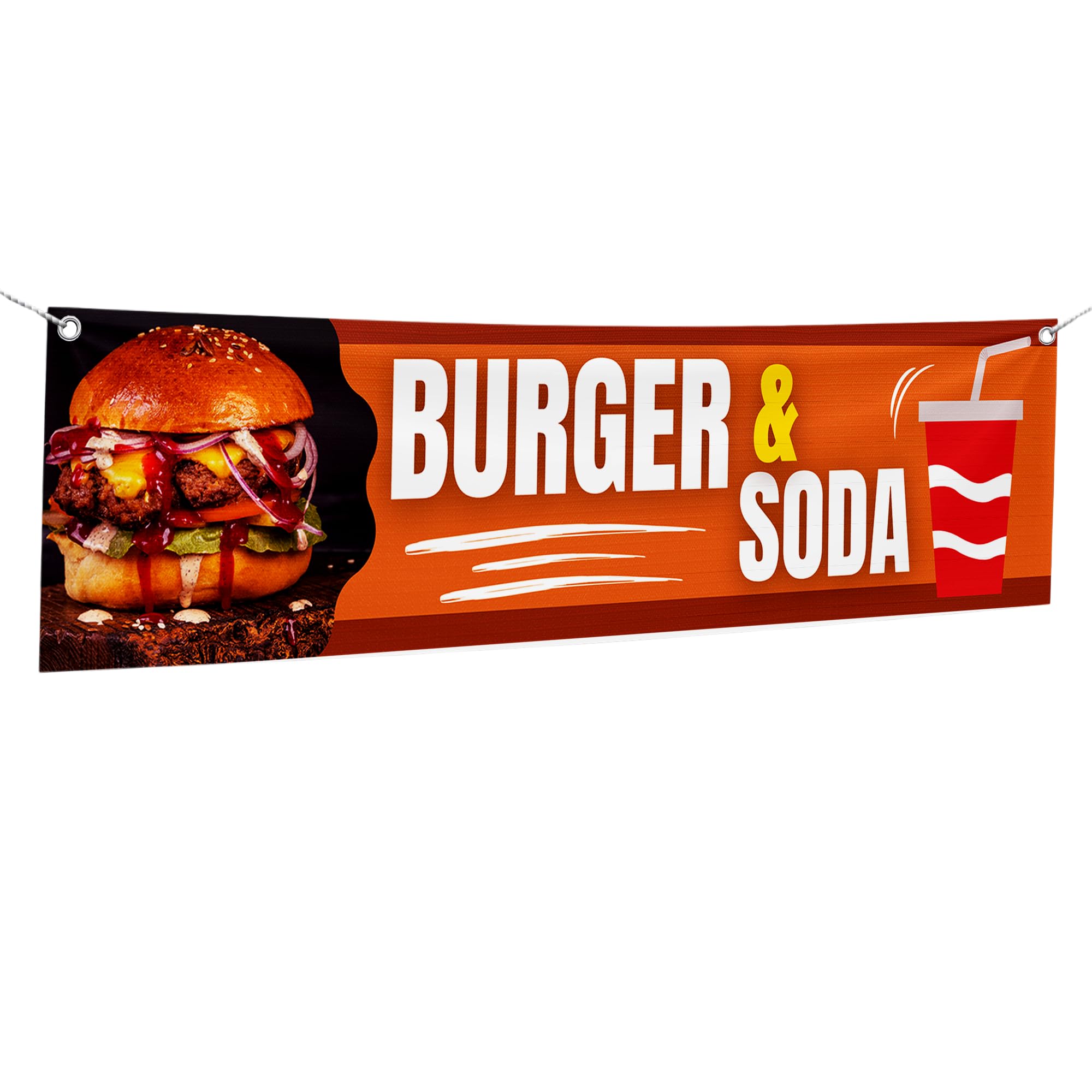 Burger and Soda Large Banners and Signs for Outdoor by Mavis Printing-Polyester Banner with 4 Holes for Easy Hang Indoor & Outdoor| 4x1 Feet HD Print